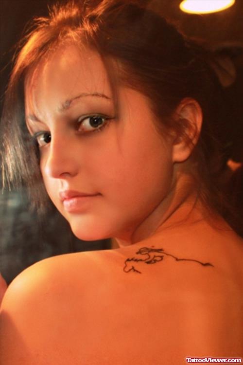 Black Ink Back Shoulder Women Tattoo