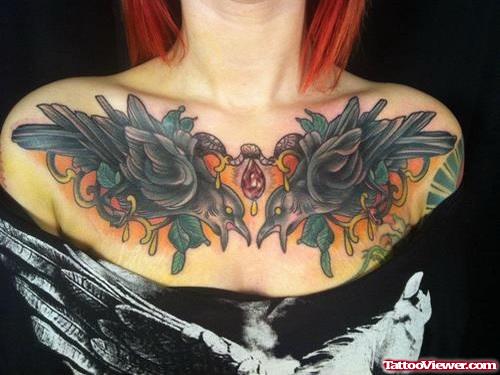 Black Crows Women Chest Tattoo