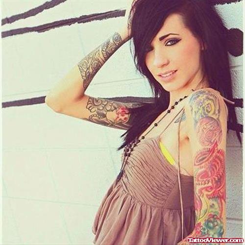 Beautiful Girl With Left Sleeve Women Tattoo