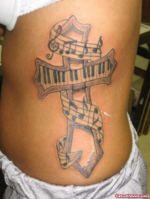 Women Side Rib Piano Keys Cross Tattoo