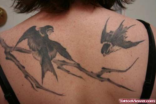 Sparrow Birds Women Tattoo On Back