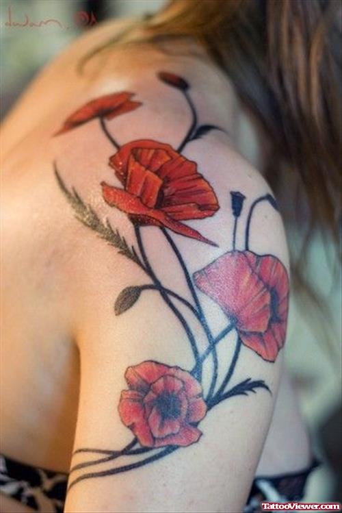 Red Flowers Women Tattoo on Right Shoulder