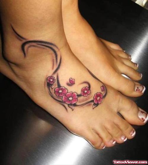 Japanese Flowers Women Tattoo On Right Foot