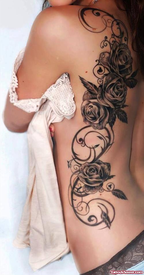 Grey Ink Rose Flowers Women Back Body Tattoo