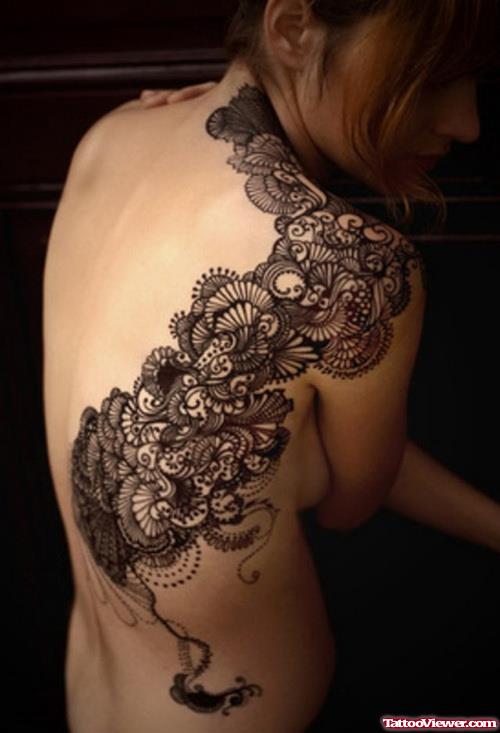 Grey Ink Japanese Flowers Women Tattoo On Back