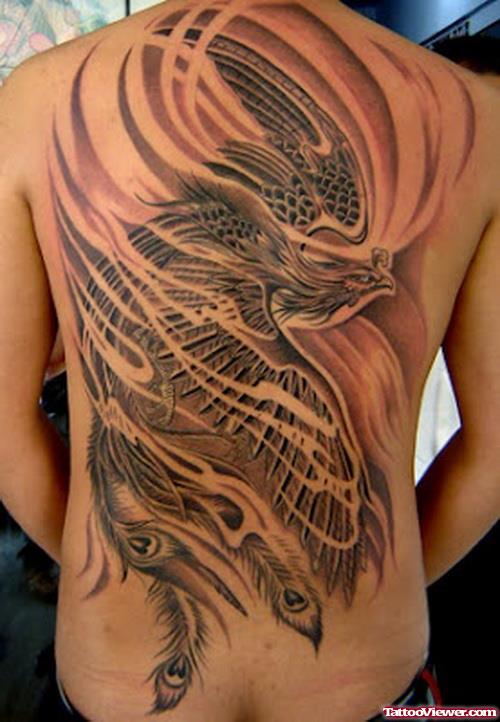 Grey Ink Flying Phoenix Women Tattoo On Back