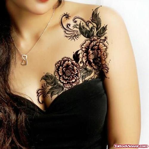 Grey Ink Flowers Women Tattoo On Chest