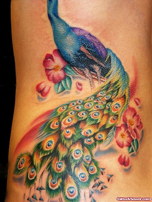 Colored Peacock Women Tattoo On Side Rib