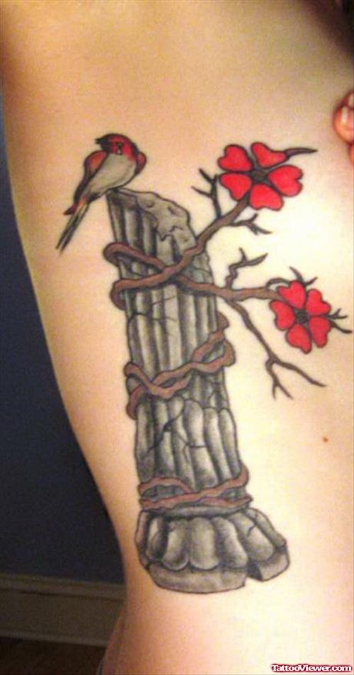 Cherry Blossom Flowers And Bird Side Rib Tattoo