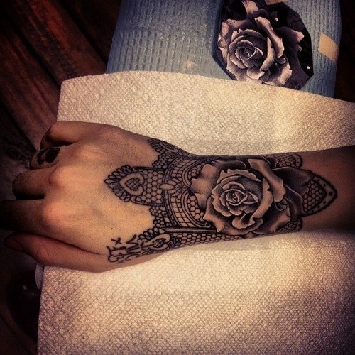 Grey Ink Rose Flower And Geometric Dotwork Women Tattoo