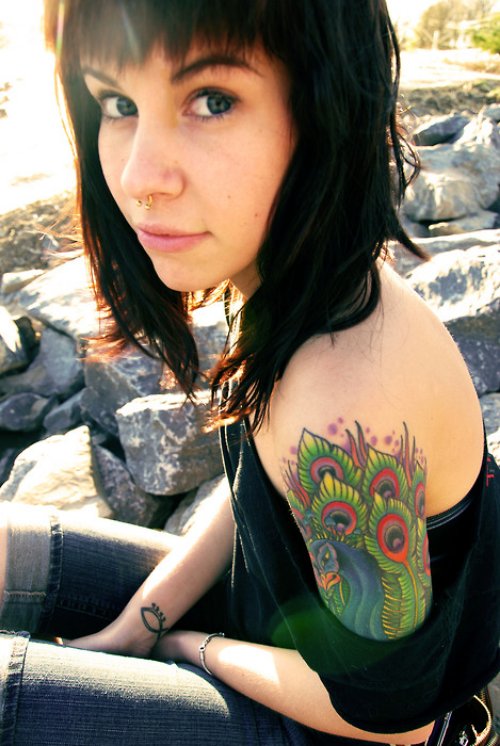 Colored Peacock Women Tattoo