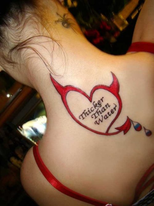Thicker Than Water - Red Devil Heart Women Tattoo On Upperback