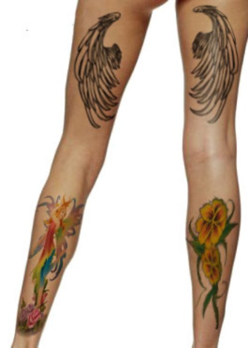 Grey Ink Angel Wings And Flowers Back Leg Women Tattoos