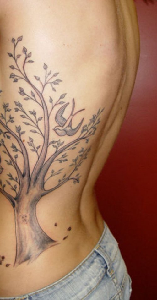 Grey Ink Tree Tattoo On Girl Side Rib