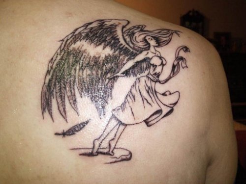 Grey Ink Angel Women Tattoo On Back Shoulder