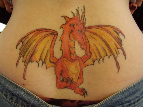 Color Ink Dragon Tattoo On Lowerback For Women