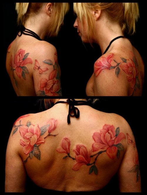 Pink Flowers Back Body Women Tattoo