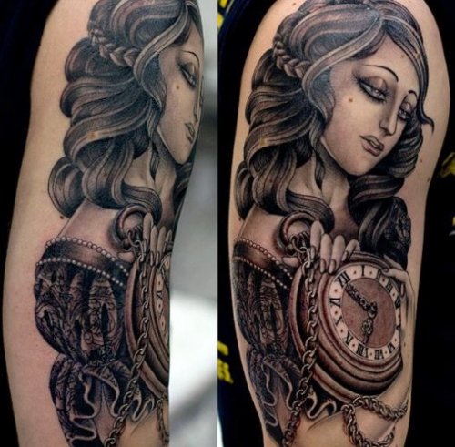 Grey Ink Girl With Clock Women Tattoo