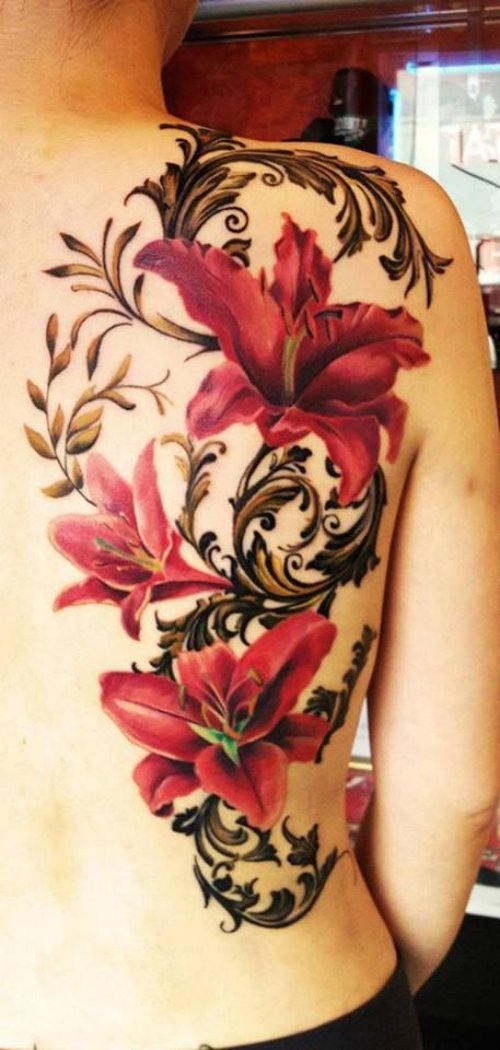 Awesome Red Flowers Women Tattoo On Back