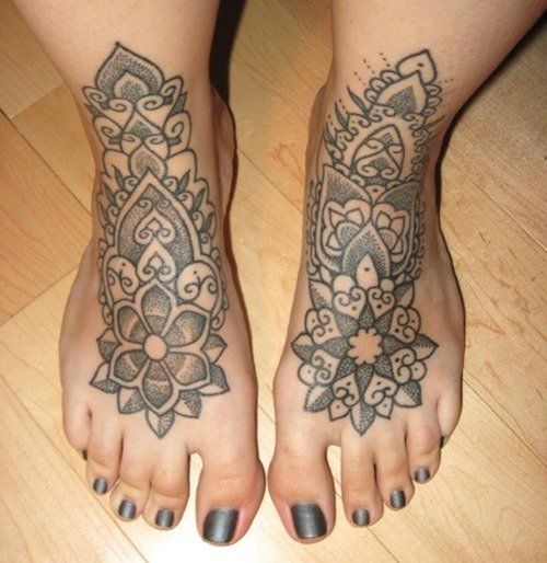 Grey Ink Geometric Dotwork Tattoos On Feet For Women
