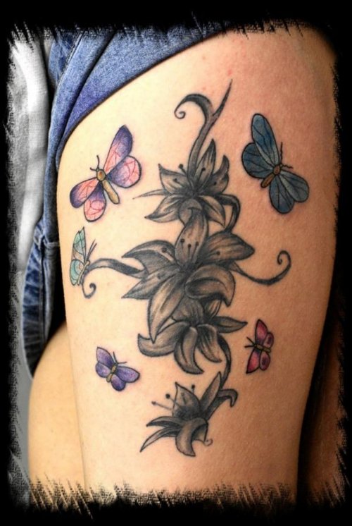 Grey Ink Lily Flowers And Colored Butterflies Women Tattoo