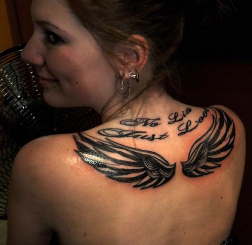 Grey Ink Wings Women Upperback Tattoo