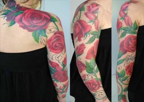 Red Rose Flowers Sleeve Women Tattoo