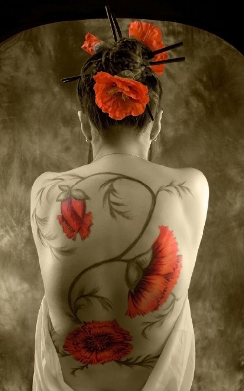 Japanese Flowers Tattoos On Back For Women