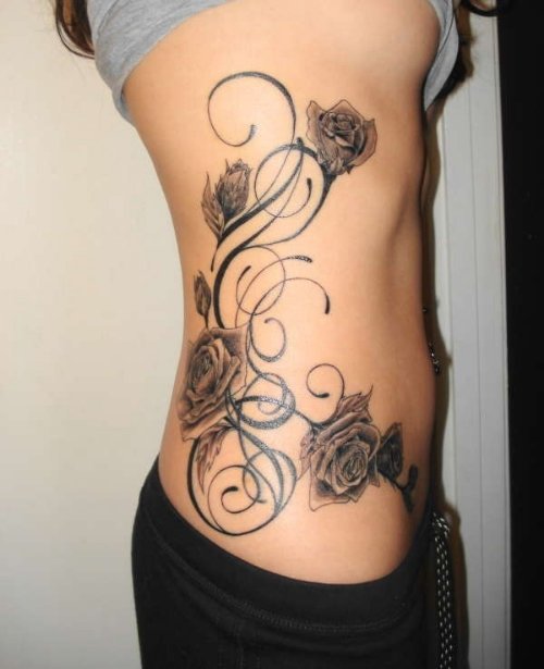 Awesome Grey Ink Rose Flowers Tattoos For Women