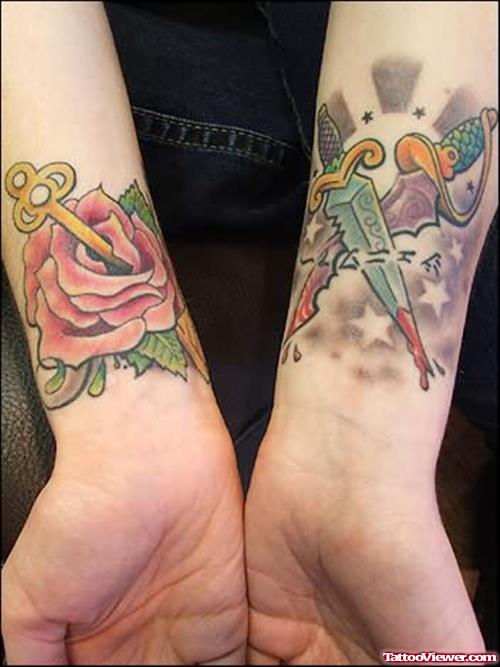 Flower And Sword Tattoo On Wrist
