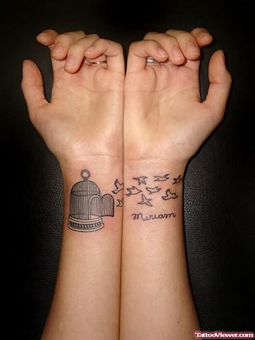 Birds And Cage Tattoo On Wrist