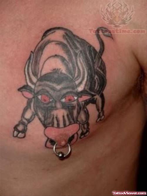 Angry Bull Tattoo Along With Piercing