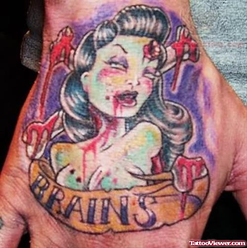 Brains Zombie Tattoo On Hand