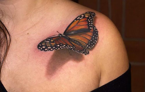 Incredible 3D Butterfly Tattoo On Left Collarbone For Women