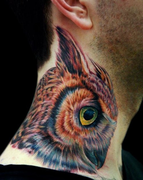 Color Ink Owl Face 3D Tattoo On Side Neck