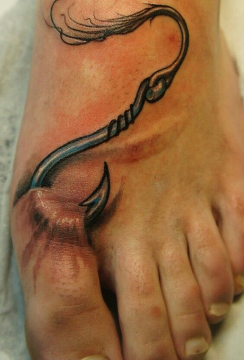 3D Black Hook Tattoo On Left Foot