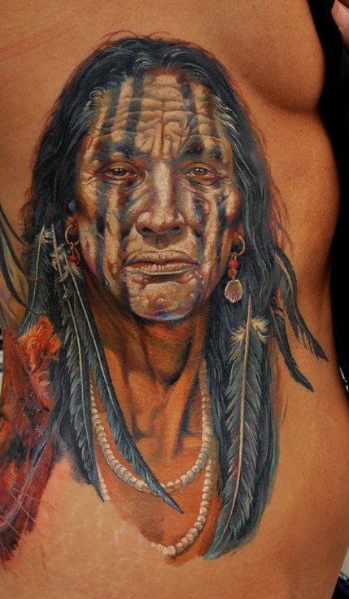Color Ink Native American 3D Tattoo On Side Rib