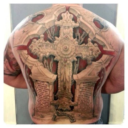 Color Ink 3D Cross Tattoo On Back Body