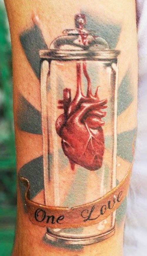 Color Ink Human Heart 3D Tattoo On Half Sleeve