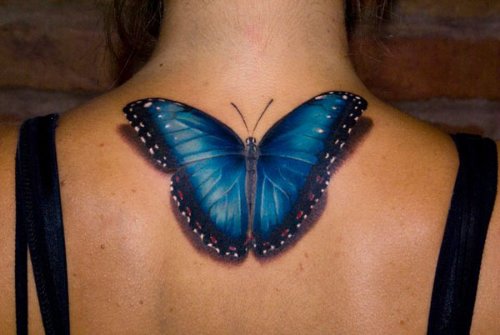 Blue Ink 3D Butterfly Tattoo On Upperback