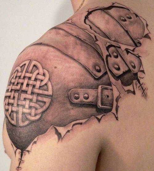 Grey Ink 3D Armor Tattoo On Left Shoulder For Men