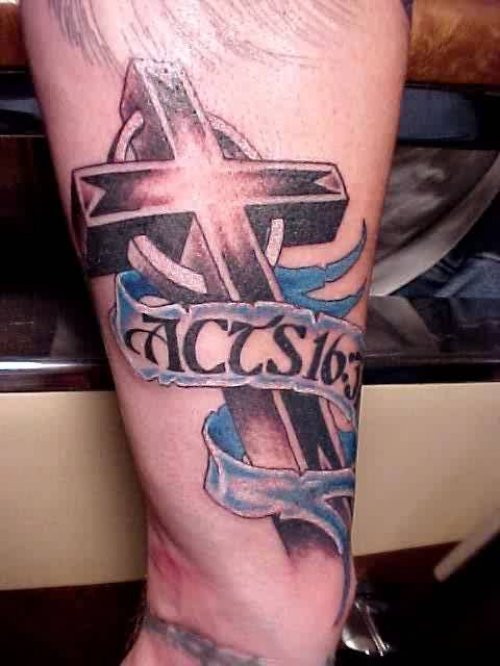 3D Cross And Banner Tattoo On Sleeve