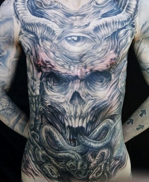 Grey Ink Skull 3D Tattoo On Man Belly