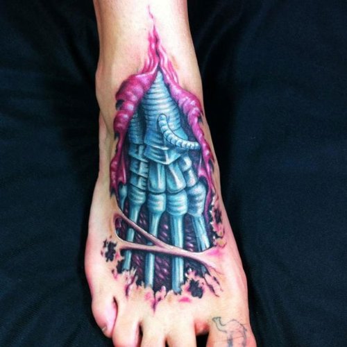 Color Ink Skeleton 3D Tattoo On Right Foot