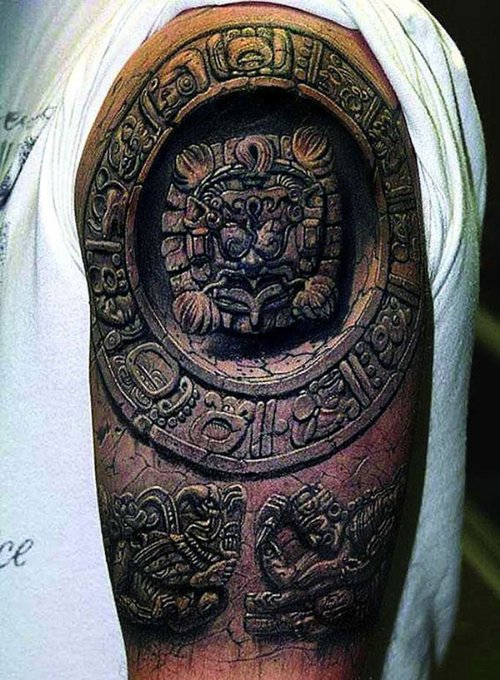 Ancient 3D Aztec Tattoo On Half Sleeve