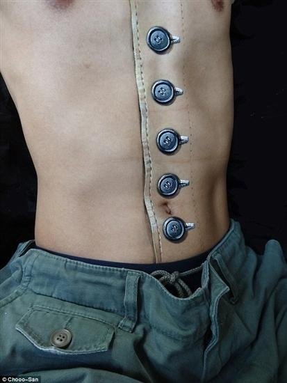 3D Jacket Buttons Tattoos On Belly