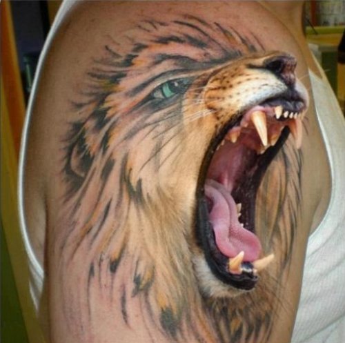 Roaring 3D Lion Head Tattoo On Shoulder