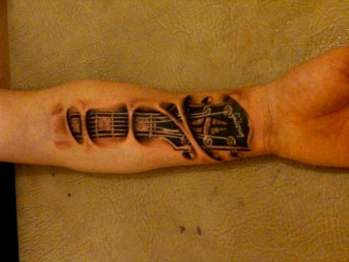 Amazing 3d Guitar Tattoo On Left Forearm