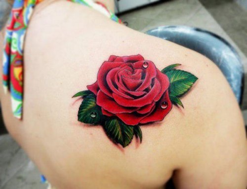 Red Rose 3D Tattoo On Right Back Shoulder