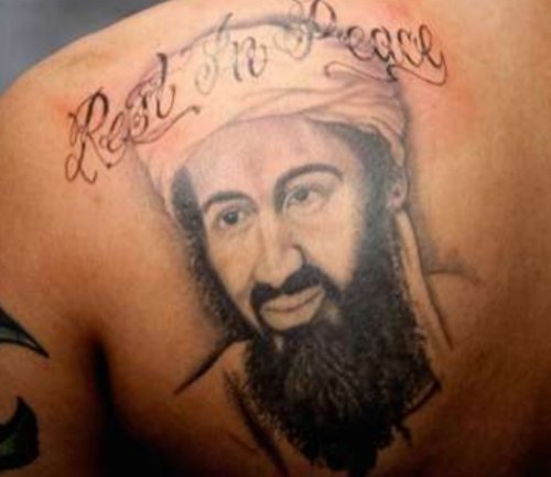 Rest In Peace – 3D Osama Bin Laaden Portrait Tattoo On Back Shoulder